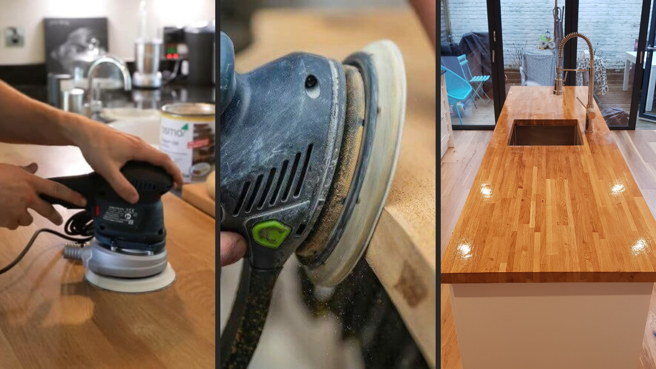 Worktop Refinishing in Gants Hill on an oak butcher-block kitchen worktop, showing sanding, machine polishing and the final glossy finish above an engineered oak floor.