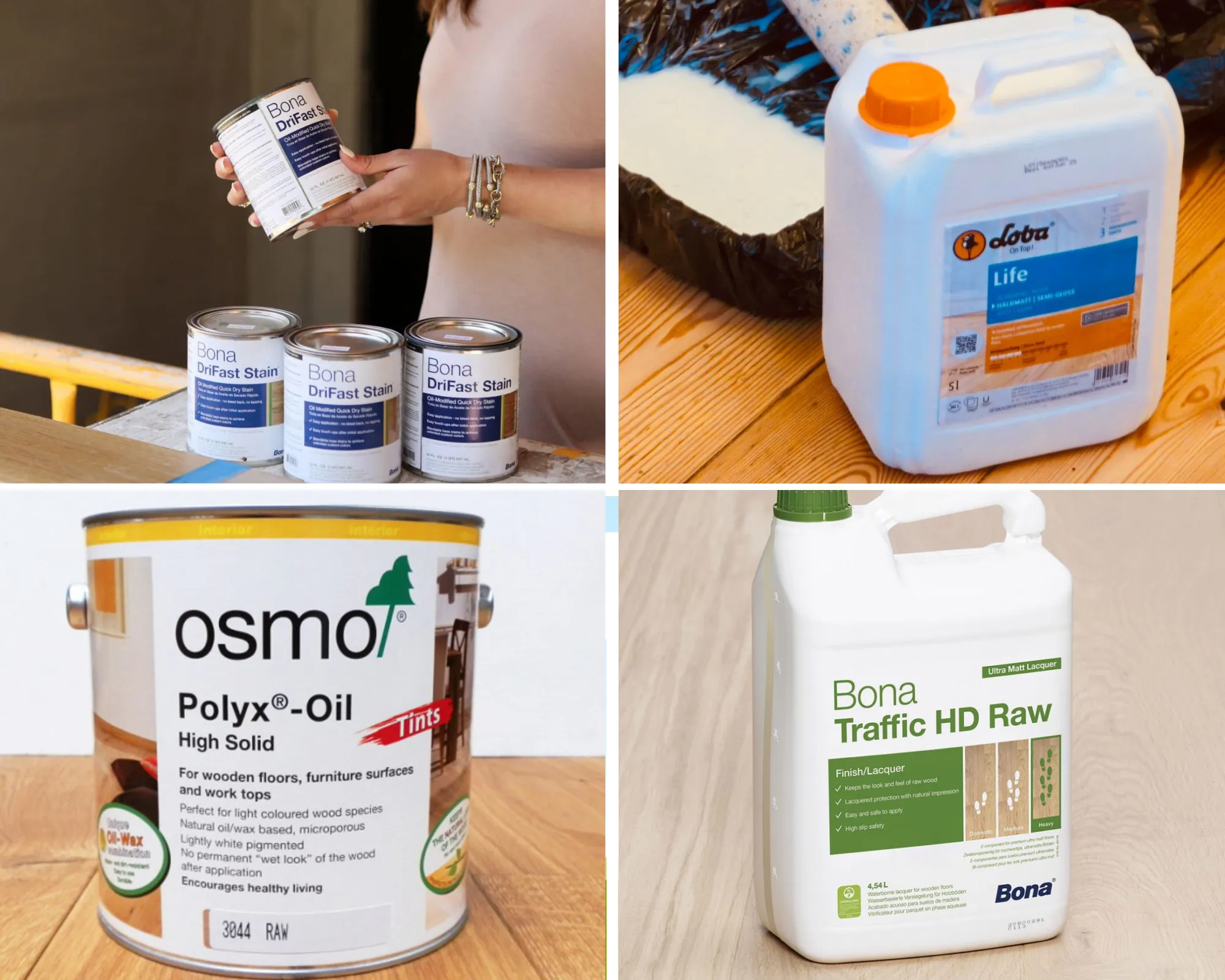 Selection of professional finishes used for Worktop Refinishing in Gants Hill, including Bona, Loba and Osmo products displayed on an oak hardwood floor and wooden worktop surfaces.