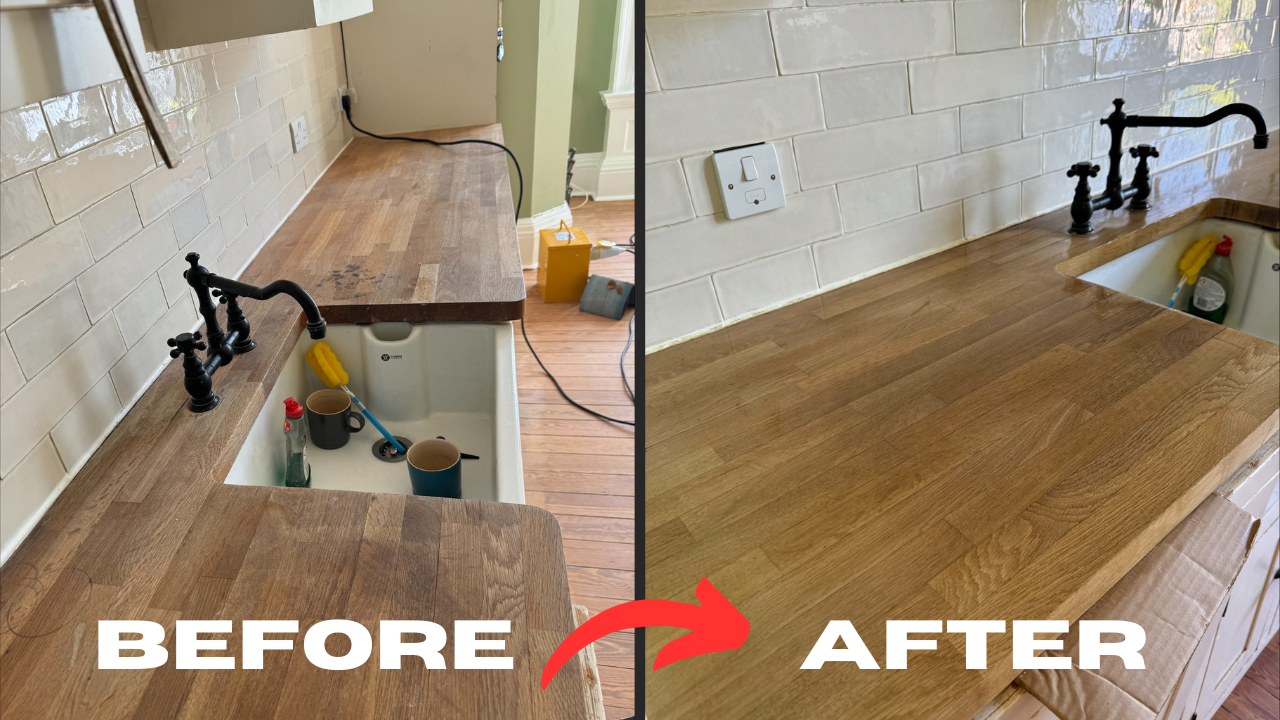 Worktop Refinishing in Gants Hill on a solid oak kitchen worktop, showing a before-and-after comparison from dull, stained wood to a smooth, glossy, freshly refinished surface around the sink.