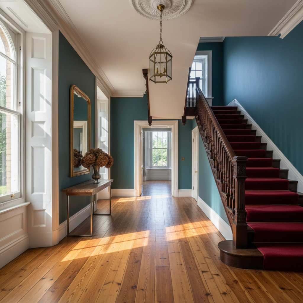 Beautifully restored Victorian hallway with natural pine floorboards