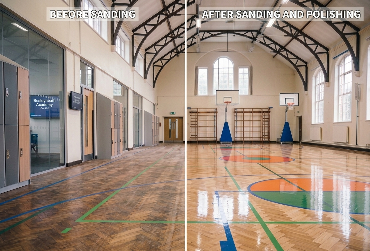 A before and after comparison split-screen of a school floor restoration project in Gants Hill, IG2, displaying a dull, scratched wooden parquet surface on the left and a freshly sanded, highly polished lacquer finish on the right.