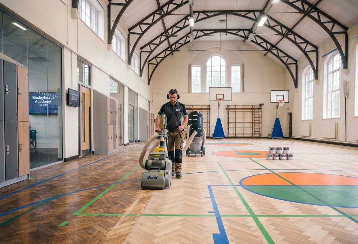 A professional floor sanding contractor operating a dust-free Bona belt sander on a traditional oak herringbone parquet sports hall floor at a school in Gants Hill, IG2.
