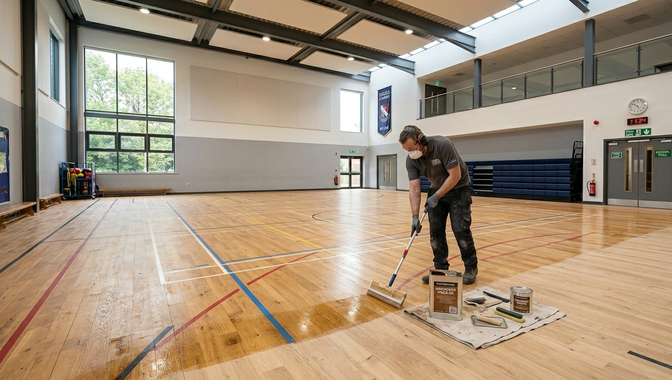 A professional contractor applying a protective lacquer coating to a wooden school sports hall floor with court markings in Gants Hill IG2.