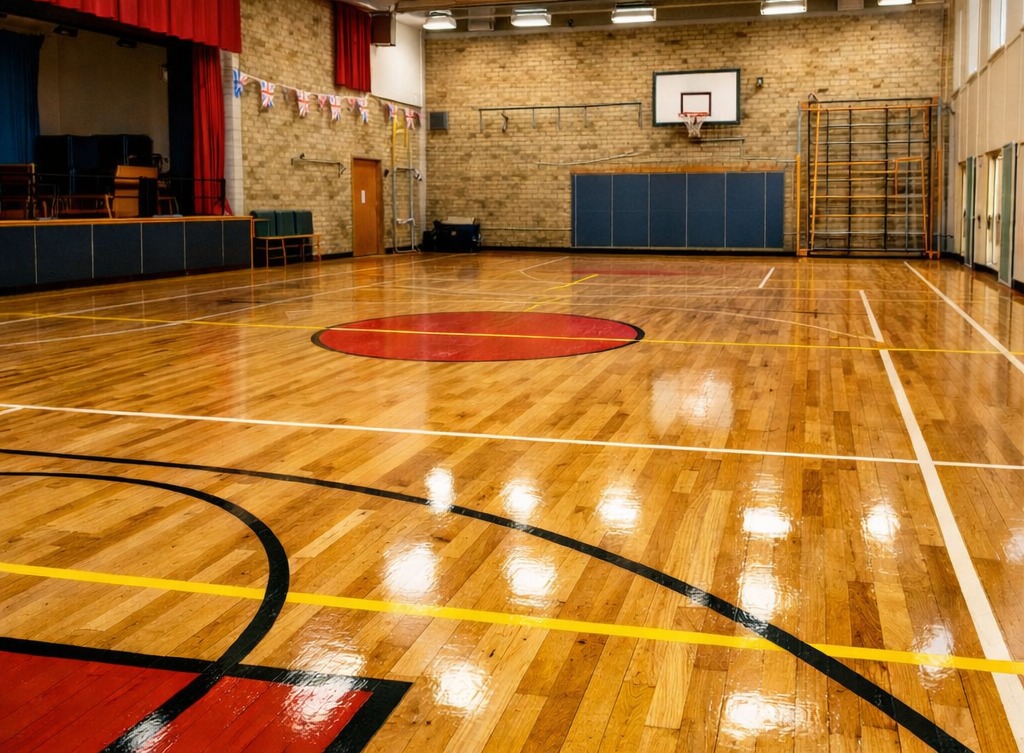A newly sanded and highly polished wooden sports hall floor with multi-sport court lines, a basketball hoop, and a school stage in Gants Hill IG2.